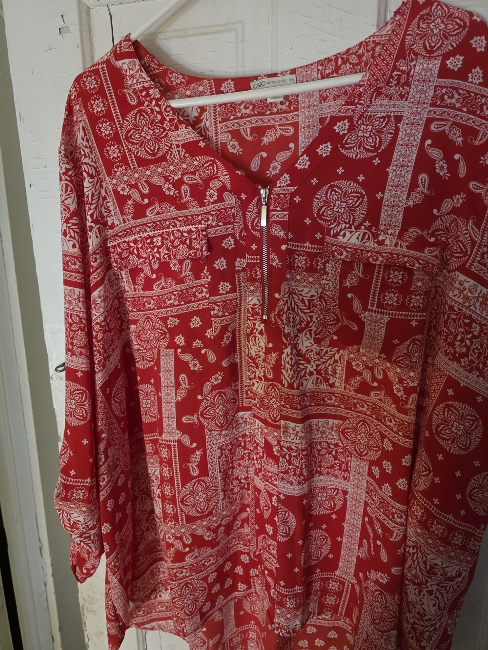 Cato Red Paisley Print Zip-Front Blouse